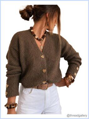 Cropped V-Neck Button Down Cardigan Sweater with Heart Buttons